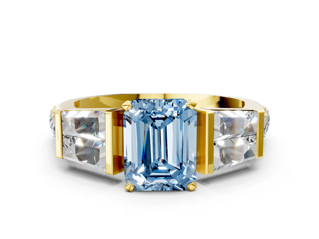 Yellow gold Fancy Blue Emerald Cut Diamond Engagement Ring with Baguette Side Stones and Channel Set Band_20