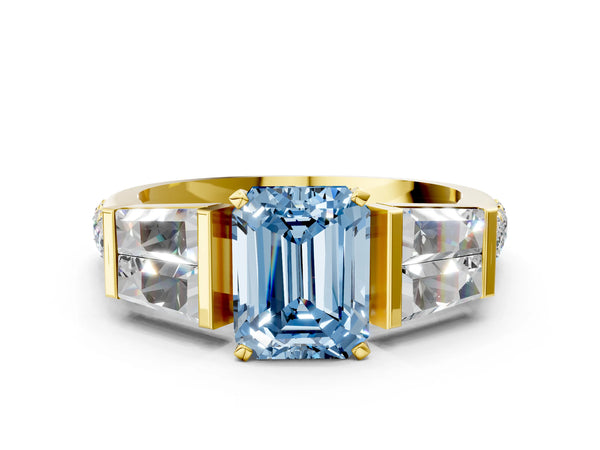 Yellow gold Fancy Blue Emerald Cut Diamond Engagement Ring with Baguette Side Stones and Channel Set Band