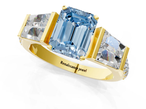 Yellow gold Fancy Blue Emerald Cut Diamond Engagement Ring with Baguette Side Stones and Channel Set Band