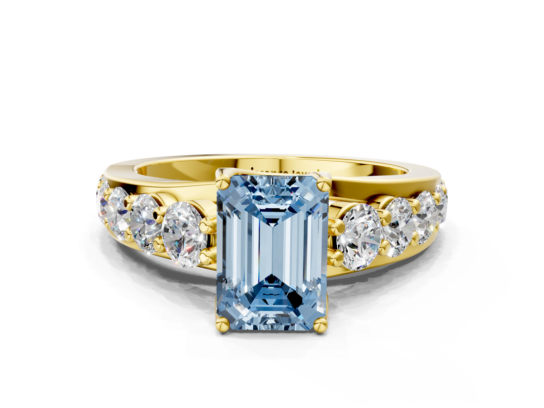 Yellow gold Fancy Blue Emerald  Cut Diamond Engagement Ring with Pavé Band and Four-Prong Setting_3