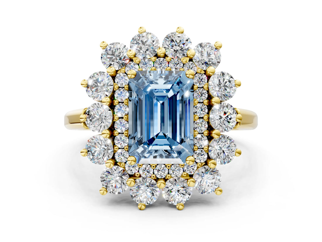 Yellow gold Fancy Blue Emerald Cut Diamond Floral Double Halo Engagement Ring with Prong Setting_24
