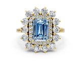 Yellow gold Fancy Blue Emerald Cut Diamond Floral Double Halo Engagement Ring with Prong Setting_24