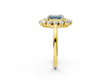 Yellow gold Fancy Blue Emerald Cut Diamond Floral Double Halo Engagement Ring with Prong Setting_26