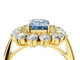 Yellow gold Fancy Blue Emerald Cut Diamond Floral Double Halo Engagement Ring with Prong Setting_28