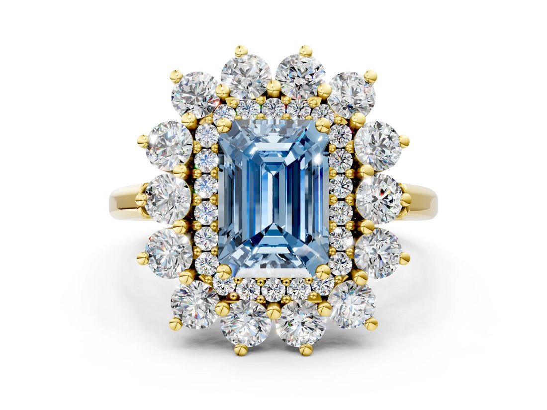 Yellow gold Fancy Blue Emerald Cut Diamond Floral Double Halo Engagement Ring with Prong Setting_60