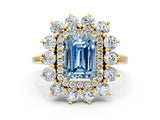 Yellow gold Fancy Blue Emerald Cut Diamond Floral Double Halo Engagement Ring with Prong Setting_60