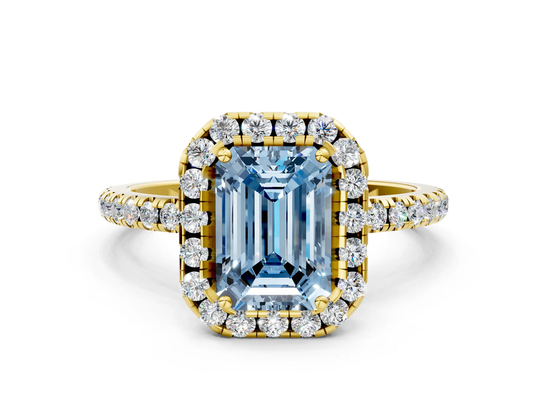 Yellow gold Fancy Blue Emerald  Cut Diamond Floral Halo Engagement Ring with Pavé Band and Prong Setting_37