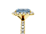 Yellow gold Fancy Blue Emerald  Cut Diamond Floral Halo Engagement Ring with Pavé Band and Prong Setting_42