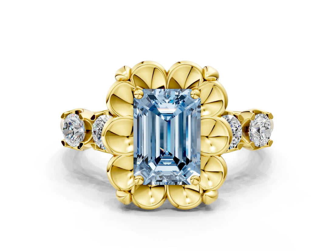 Yellow gold Fancy Blue Emerald  Cut Diamond Floral Halo Engagement Ring with Shared Prong Setting 1
