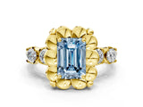 Yellow gold Fancy Blue Emerald  Cut Diamond Floral Halo Engagement Ring with Shared Prong Setting 1