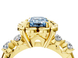 Yellow gold Fancy Blue Emerald  Cut Diamond Floral Halo Engagement Ring with Shared Prong Setting 5