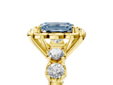 Yellow gold Fancy Blue Emerald  Cut Diamond Floral Halo Engagement Ring with Shared Prong Setting