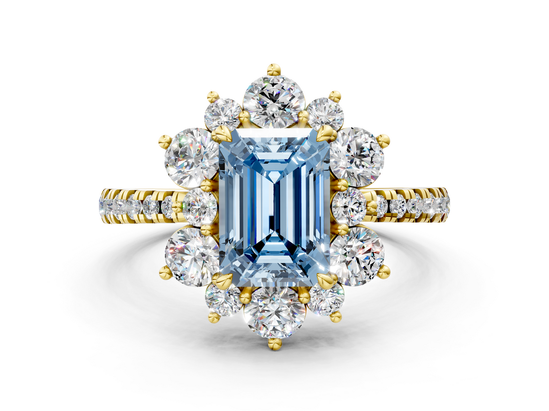Yellow gold Fancy Blue Emerald  Cut Diamond Floral Halo Pave Band with Prong Setting_37