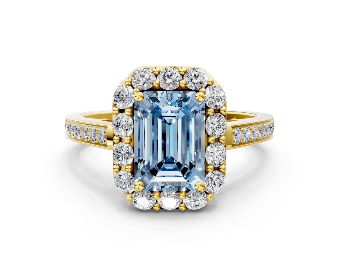 Yellow gold Fancy Blue Emerald Cut Diamond Floral Halo Ring with Pavé Band and Prong Setting_3