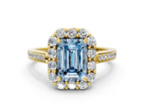 Yellow gold Fancy Blue Emerald Cut Diamond Floral Halo Ring with Pavé Band and Prong Setting_3
