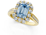 Yellow gold Fancy Blue Emerald Cut Diamond Floral Halo Ring with Pavé Band and Prong Setting_4