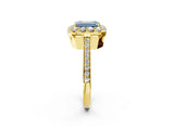 Yellow gold Fancy Blue Emerald Cut Diamond Floral Halo Ring with Pavé Band and Prong Setting_5