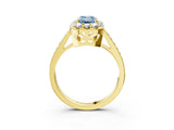 Yellow gold Fancy Blue Emerald Cut Diamond Floral Halo Ring with Pavé Band and Prong Setting_6