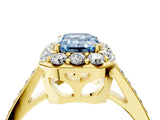 Yellow gold Fancy Blue Emerald Cut Diamond Floral Halo Ring with Pavé Band and Prong Setting_7