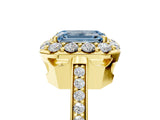 Yellow gold Fancy Blue Emerald Cut Diamond Floral Halo Ring with Pavé Band and Prong Setting_8