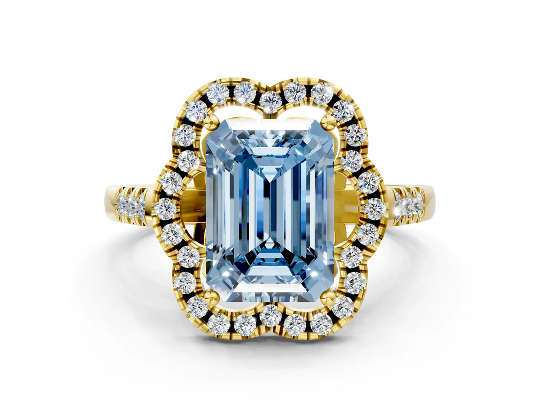 Yellow gold Fancy Blue Emerald Cut Diamond Floral Halo Split Shank Prong Setting Ring
