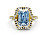 Yellow gold Fancy Blue Emerald Cut Diamond Floral Halo Split Shank Prong Setting Ring