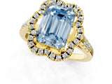Yellow gold Fancy Blue Emerald Cut Diamond Floral Halo Split Shank Prong Setting Ring_1