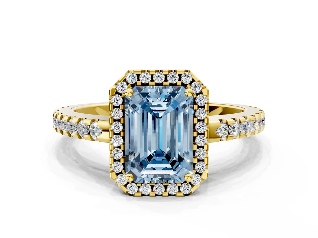 Yellow gold Fancy Blue Emerald Cut Diamond Halo Engagement Ring with Pavé Band and Prong Setting_27