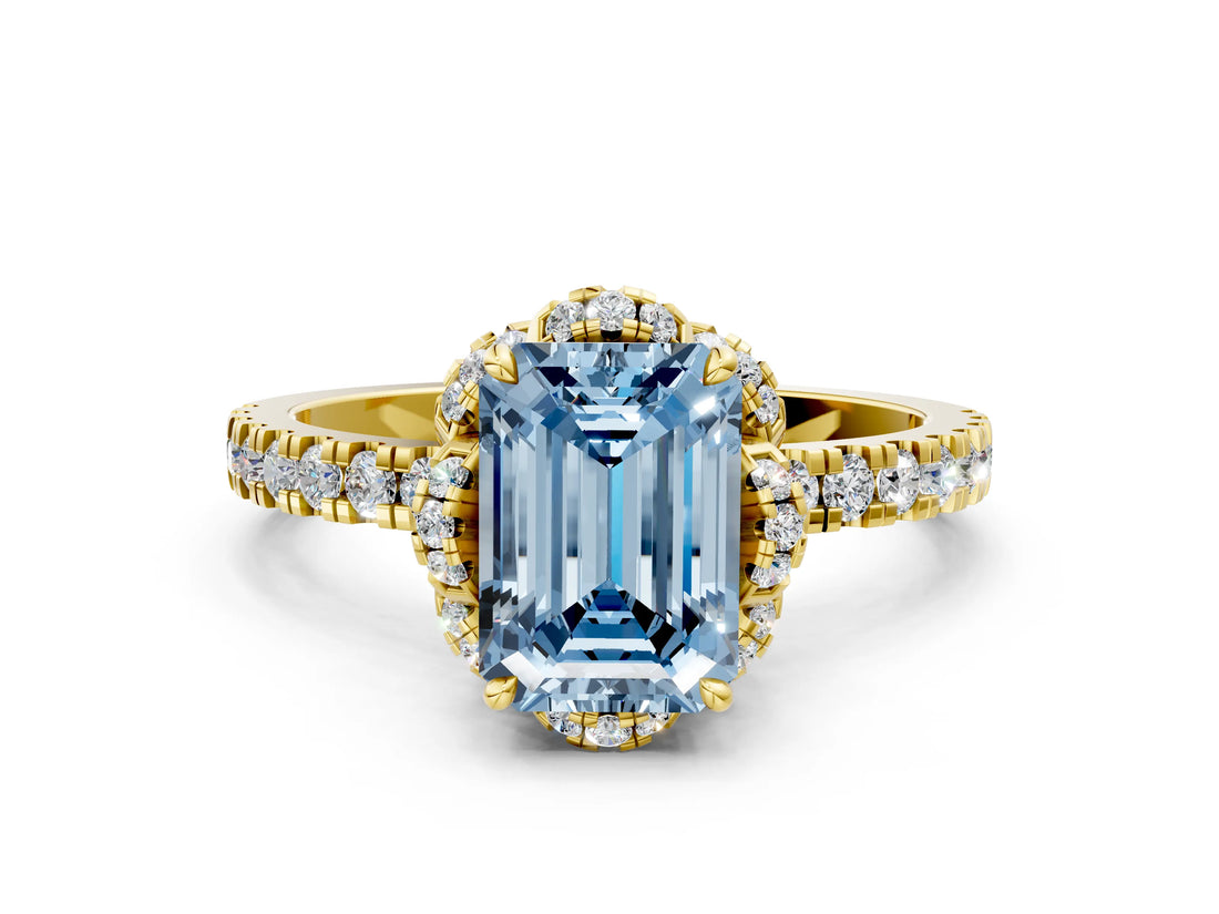Yellow gold Fancy Blue Emerald Cut Diamond Halo Pave Band with Four-Prong Setting_3