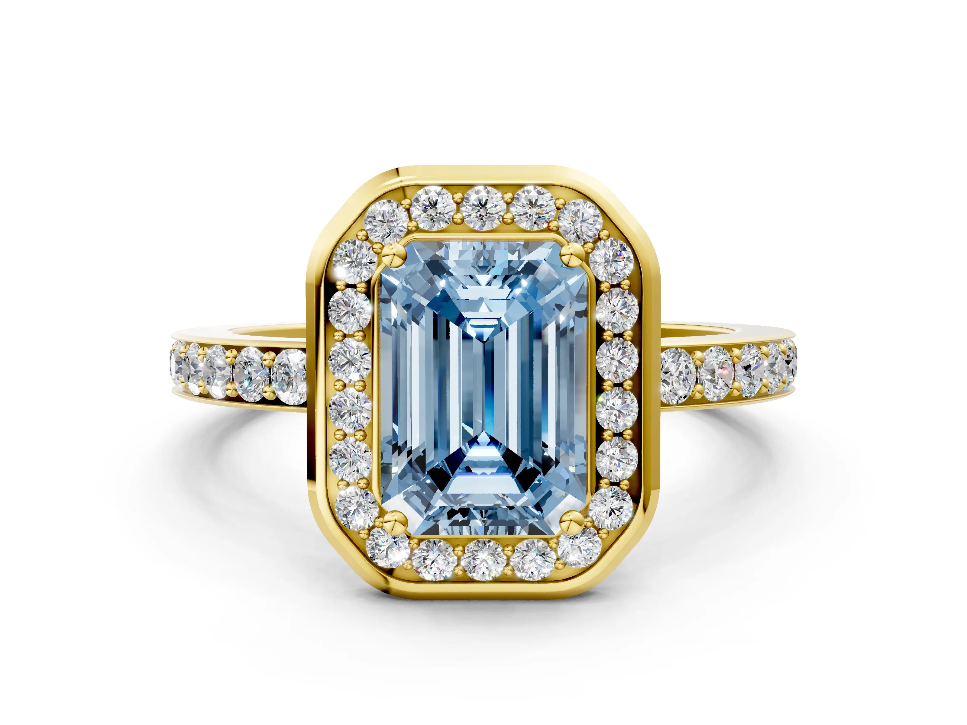Yellow gold Fancy Blue Emerald Cut Diamond Halo Ring with Bezel Frame and Pavé Band