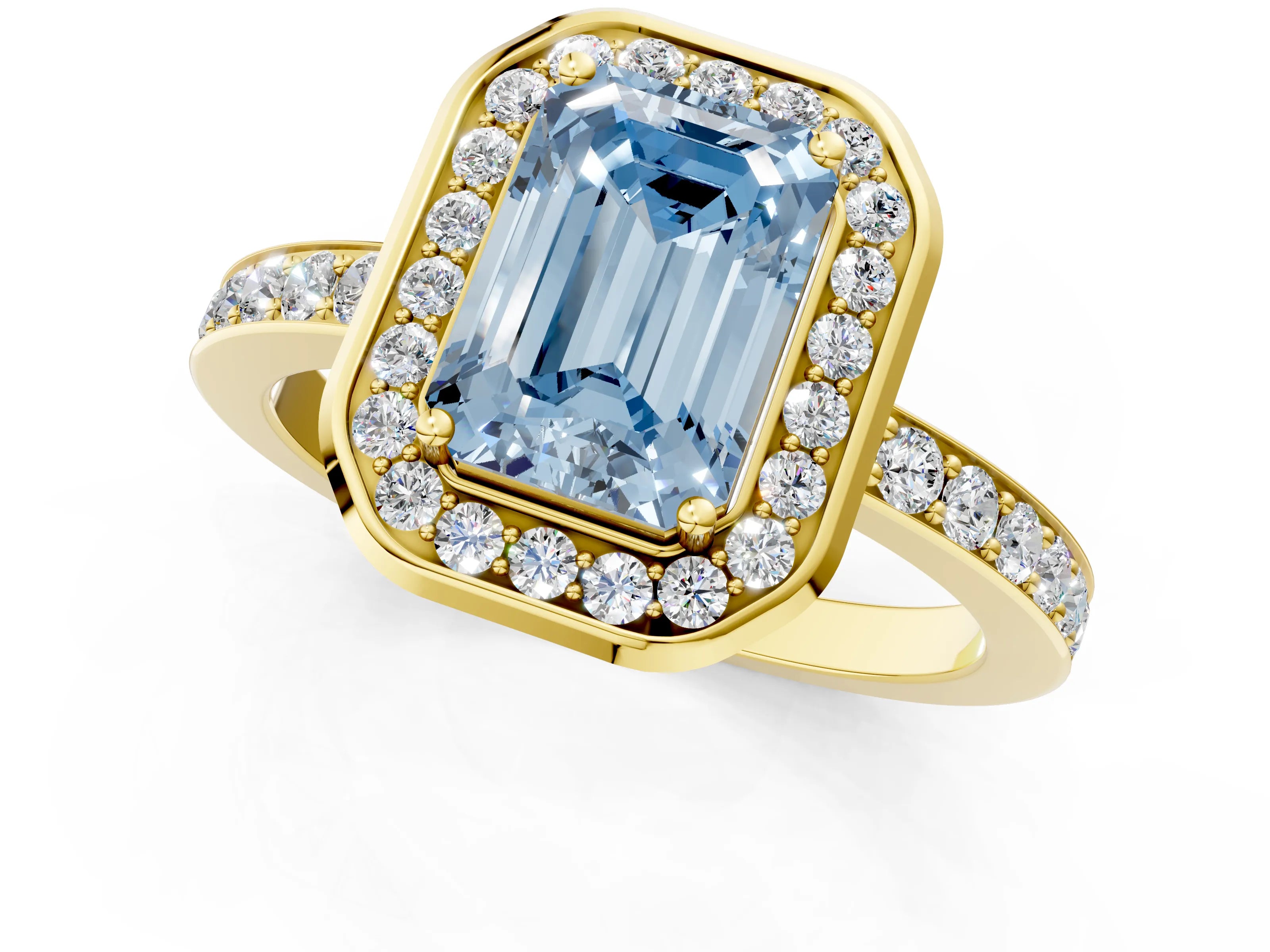 Yellow gold Fancy Blue Emerald Cut Diamond Halo Ring with Bezel Frame and Pavé Band_1
