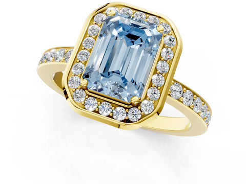 Yellow gold Fancy Blue Emerald Cut Diamond Halo Ring with Bezel Frame and Pavé Band_1