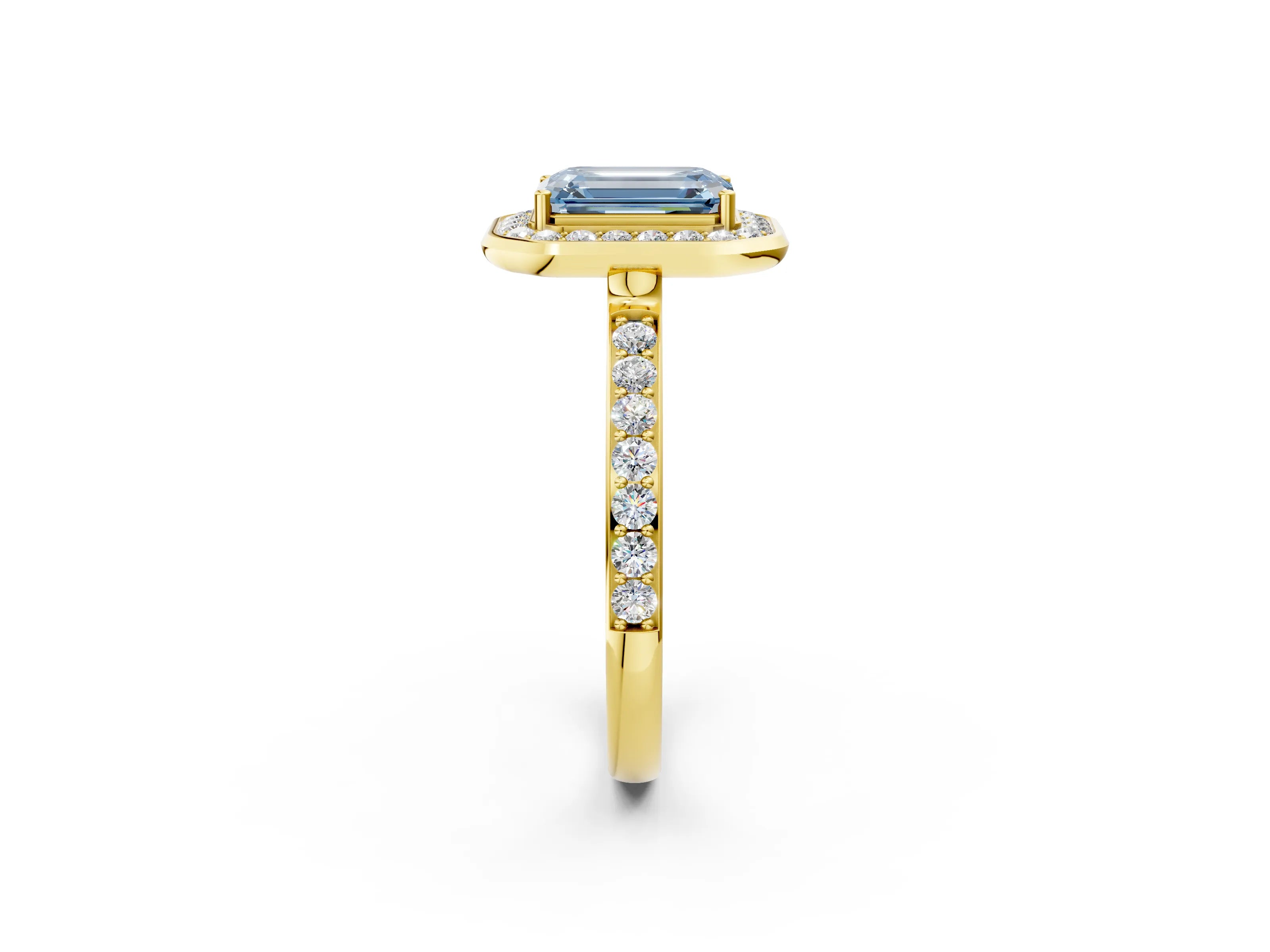 Yellow gold Fancy Blue Emerald Cut Diamond Halo Ring with Bezel Frame and Pavé Band_2