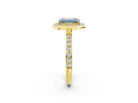 Yellow gold Fancy Blue Emerald Cut Diamond Halo Ring with Bezel Frame and Pavé Band_2