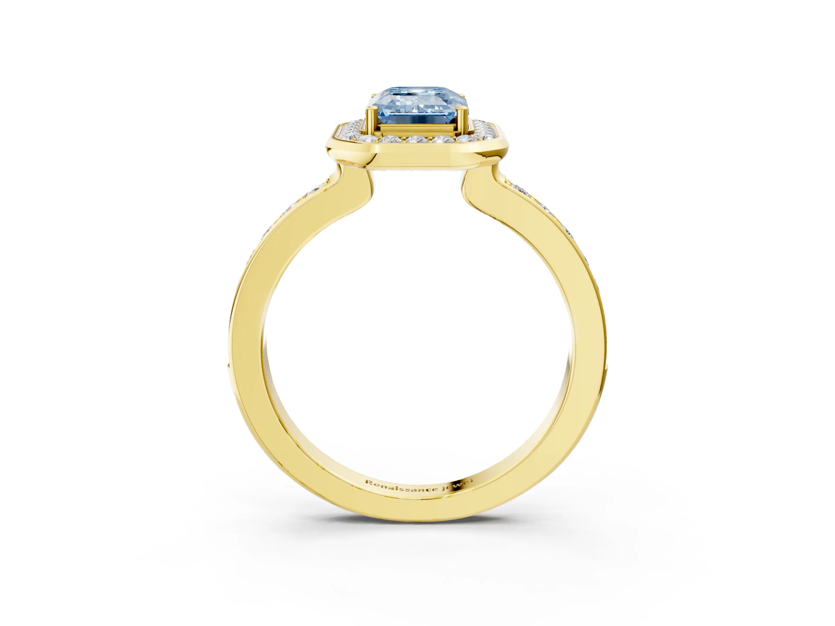 Yellow gold Fancy Blue Emerald Cut Diamond Halo Ring with Bezel Frame and Pavé Band_3