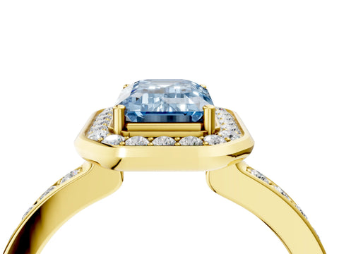 Yellow gold Fancy Blue Emerald Cut Diamond Halo Ring with Bezel Frame and Pavé Band_4