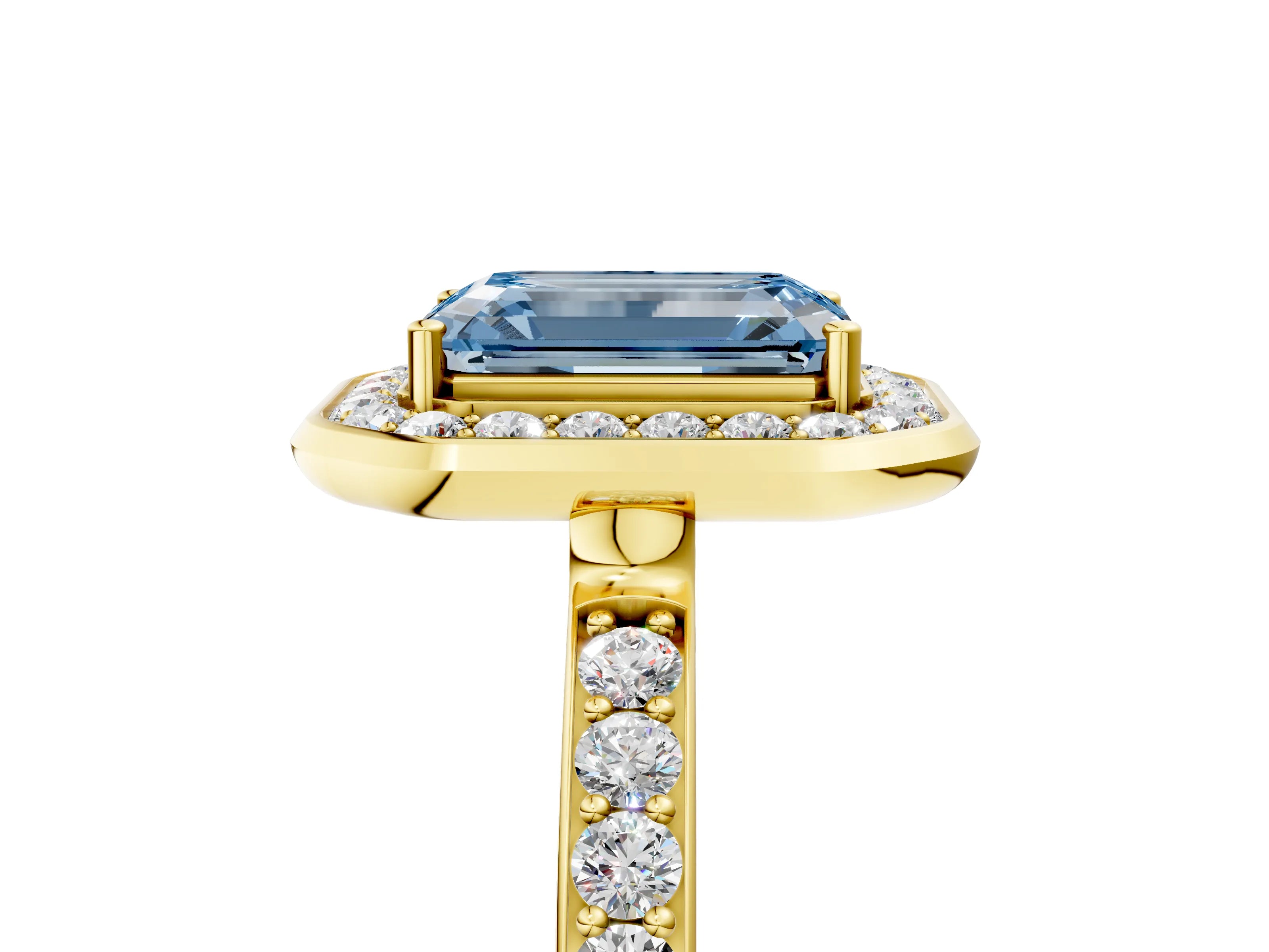 Yellow gold Fancy Blue Emerald Cut Diamond Halo Ring with Bezel Frame and Pavé Band_5