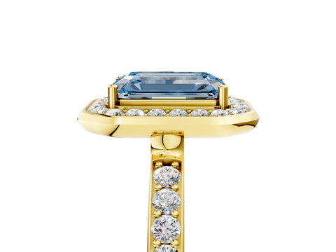 Yellow gold Fancy Blue Emerald Cut Diamond Halo Ring with Bezel Frame and Pavé Band_5