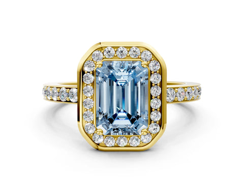 Yellow gold Fancy Blue Emerald Cut Diamond Halo Ring with Bezel Frame and Pavé Band