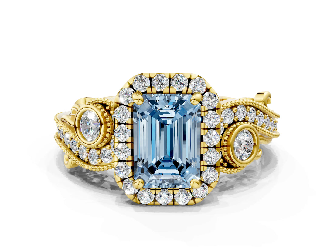 Yellow gold Fancy Blue Emerald Cut Diamond Halo Ring with Milgrain Pavé Band and Four-Prong Setting_37