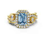 Yellow gold Fancy Blue Emerald Cut Diamond Halo Ring with Milgrain Pavé Band and Four-Prong Setting_37