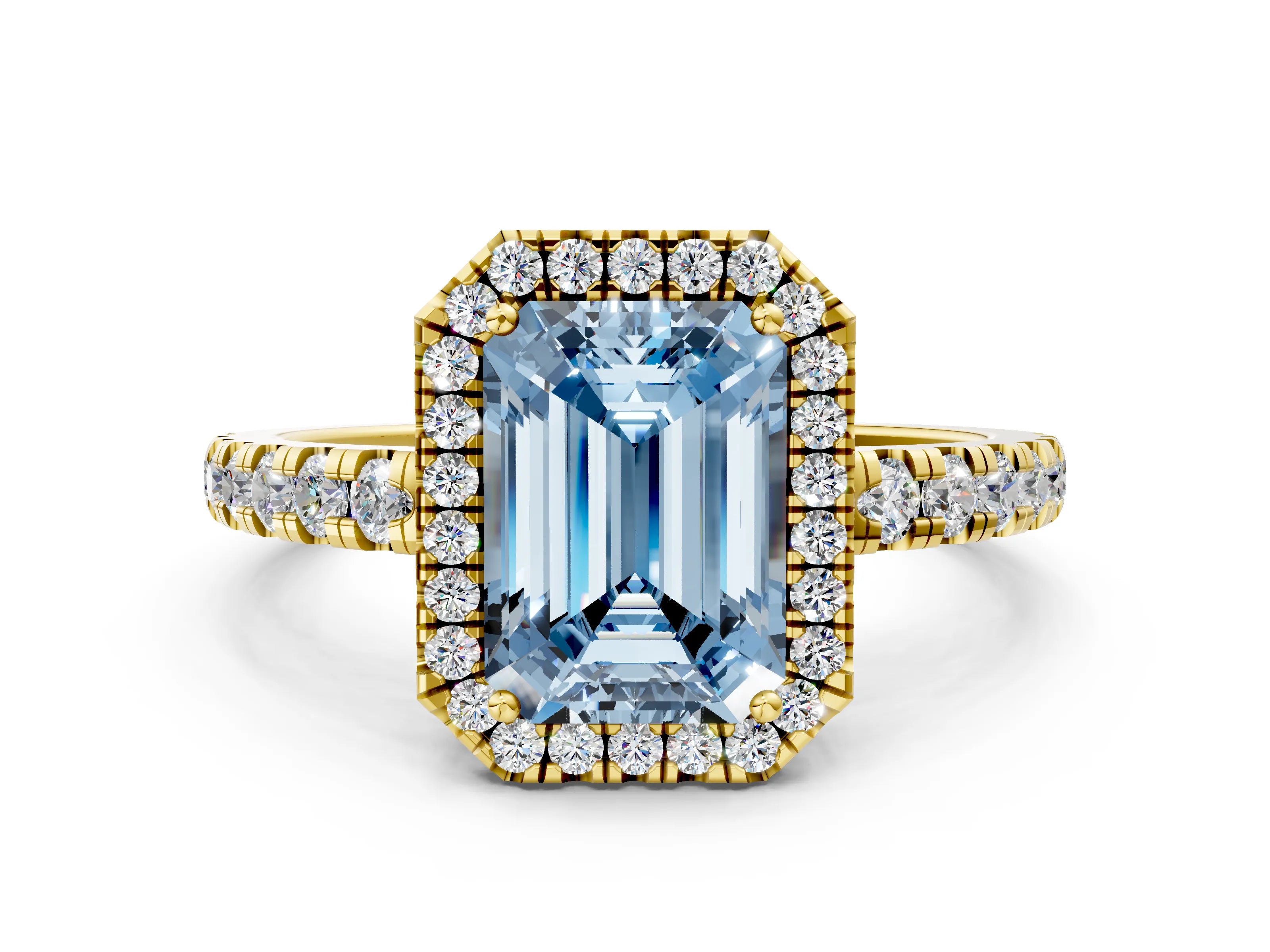 Yellow gold Fancy Blue Emerald Cut Diamond Halo Ring with Pavé Band and Four-Prong Setting