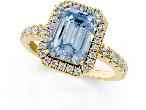 Yellow gold Fancy Blue Emerald Cut Diamond Halo Ring with Pavé Band and Four-Prong Setting_1