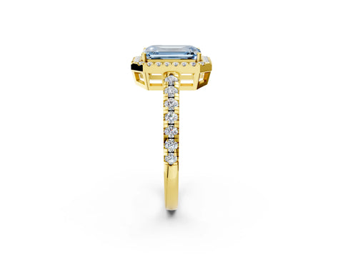 Yellow gold Fancy Blue Emerald Cut Diamond Halo Ring with Pavé Band and Four-Prong Setting_2