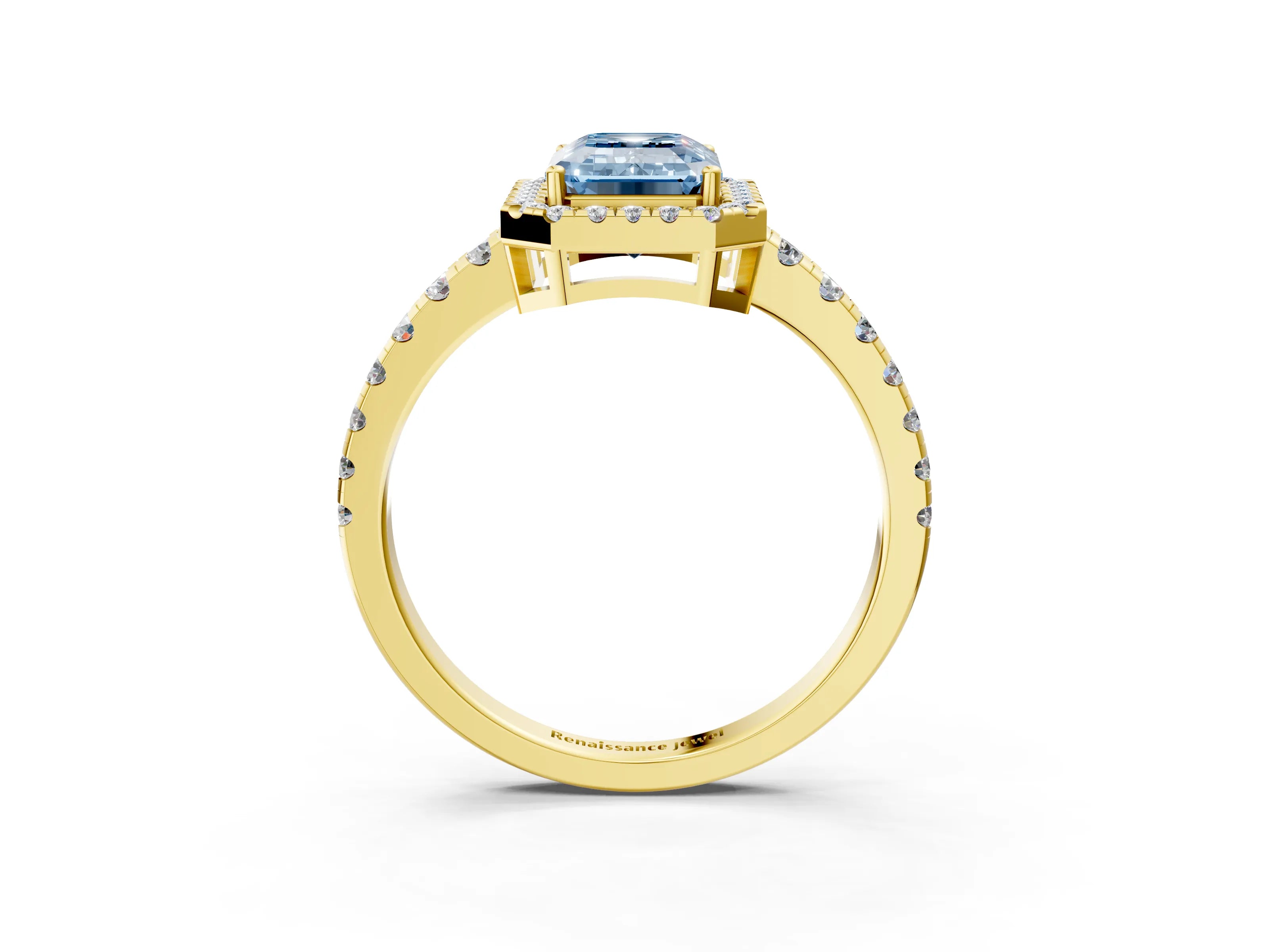 Yellow gold Fancy Blue Emerald Cut Diamond Halo Ring with Pavé Band and Four-Prong Setting_3