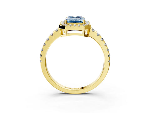 Yellow gold Fancy Blue Emerald Cut Diamond Halo Ring with Pavé Band and Four-Prong Setting_3