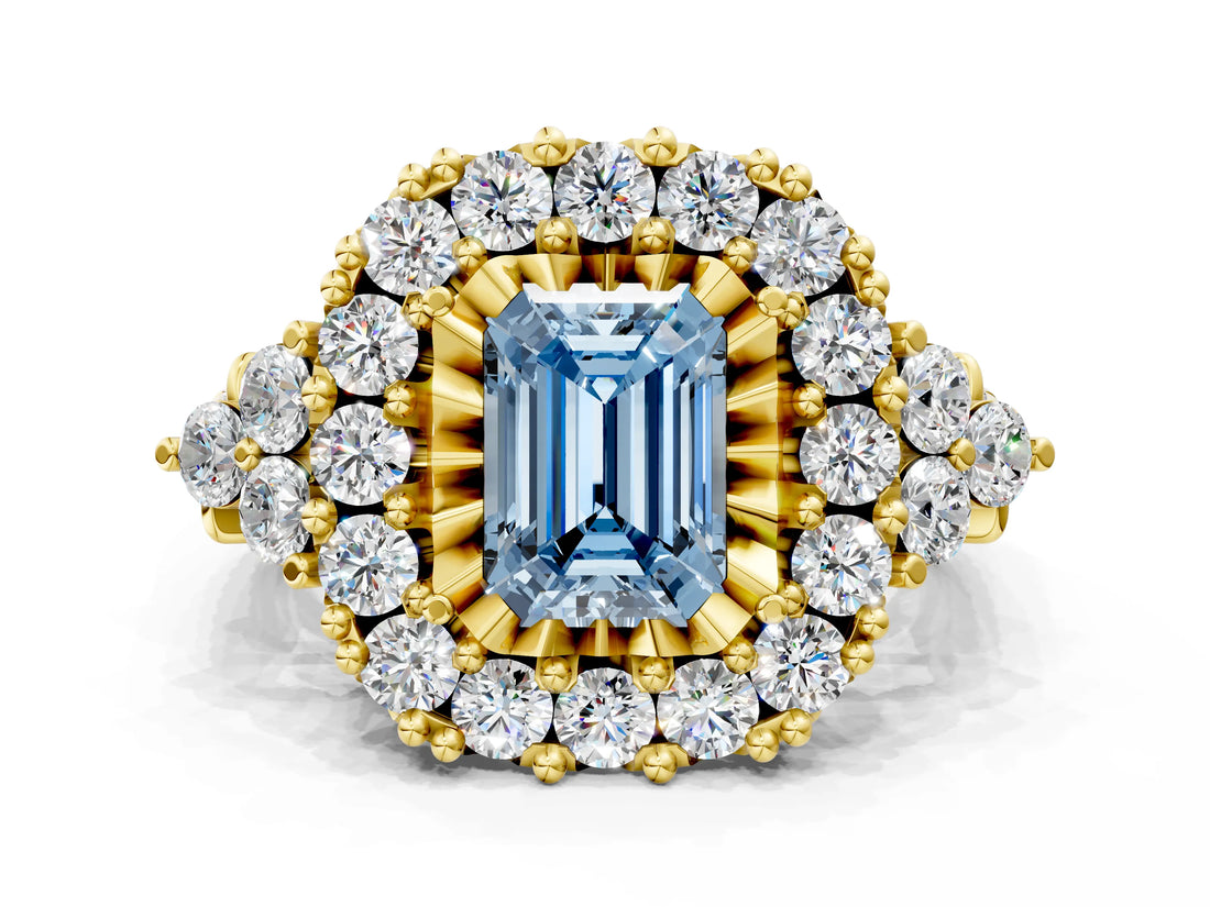 Yellow gold Fancy Blue Emerald Cut Diamond Halo Ring with Pavé Band and Four-Prong Setting_41