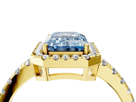 Yellow gold Fancy Blue Emerald Cut Diamond Halo Ring with Pavé Band and Four-Prong Setting_4
