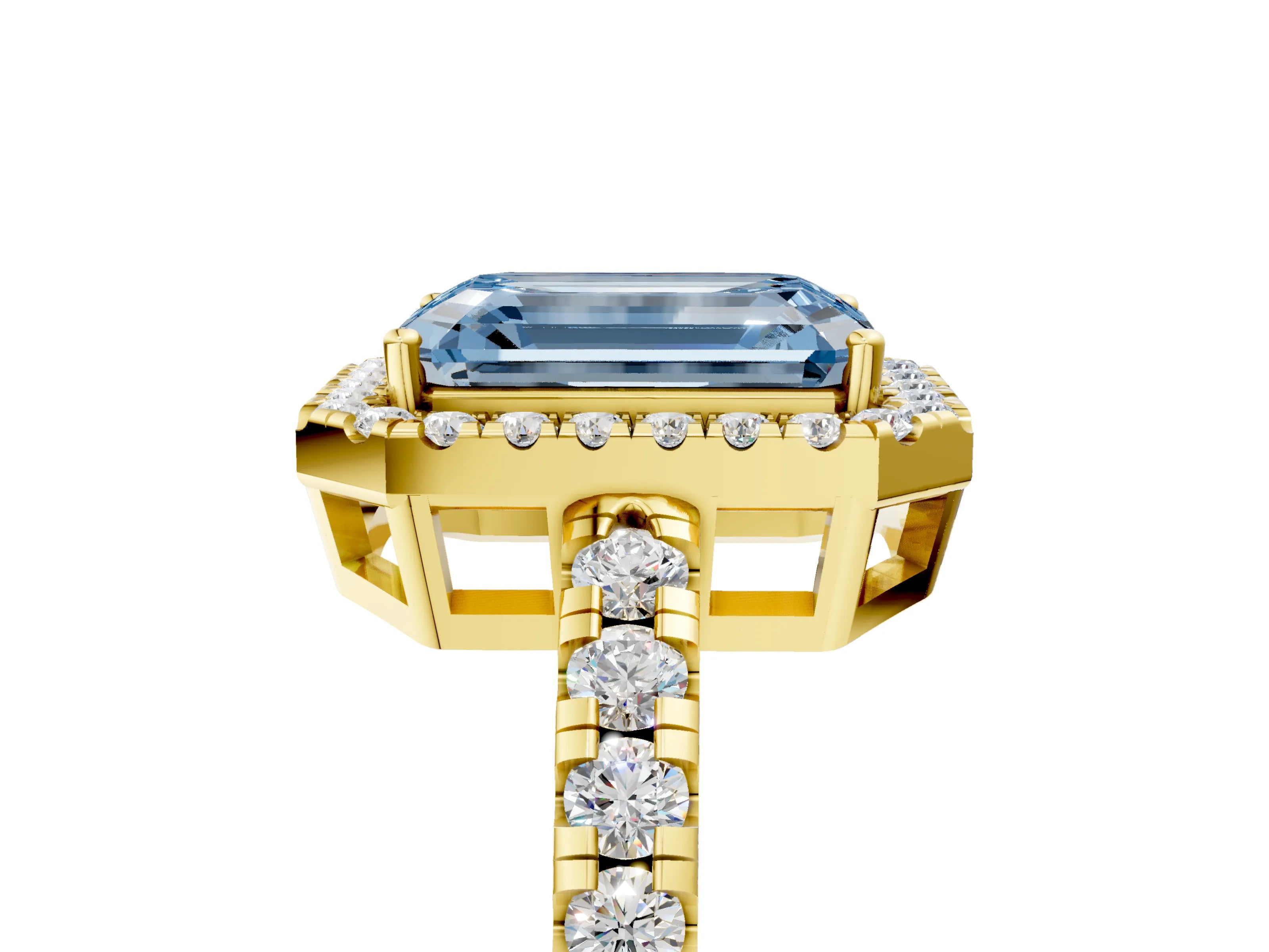 Yellow gold Fancy Blue Emerald Cut Diamond Halo Ring with Pavé Band and Four-Prong Setting_5