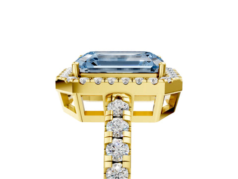 Yellow gold Fancy Blue Emerald Cut Diamond Halo Ring with Pavé Band and Four-Prong Setting_5